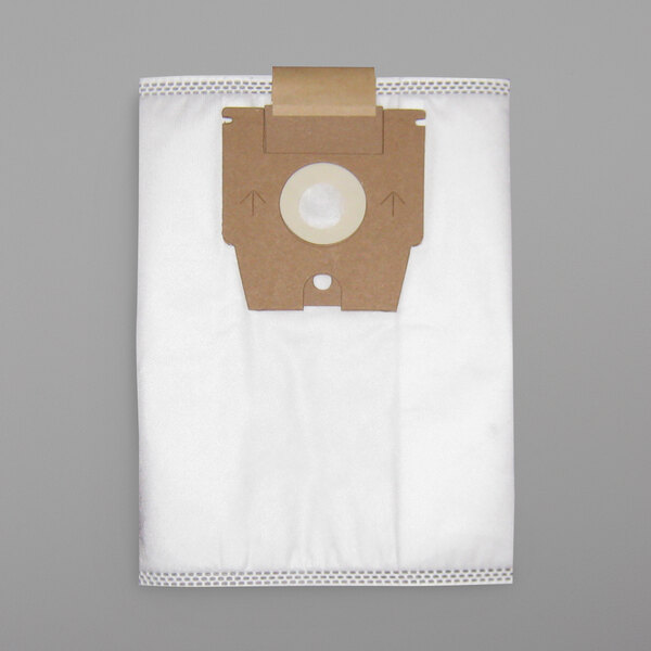 A white bag with a hole in it, Riccar vacuum cleaner bag packaging with a brown circle on it.