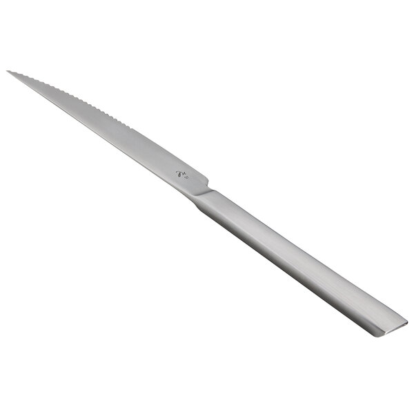 A silver steak knife with a long handle.