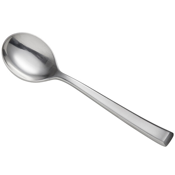 A close-up of a Reserve by Libbey stainless steel bouillon spoon with a satin silver handle.