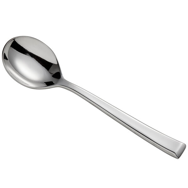 A silver Reserve by Libbey Santorini Mirror bouillon spoon.