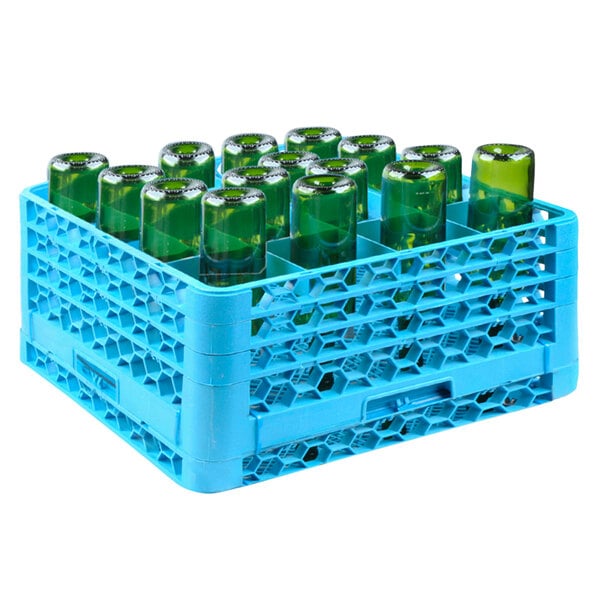 A blue plastic rack with 16 compartments holding green bottles.