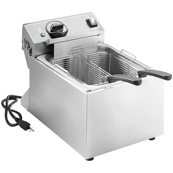 A Vollrath commercial countertop deep fryer with a wire basket.