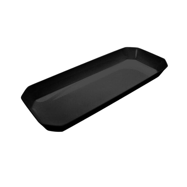 A black rectangular Delfin acrylic bowl with cut corners and a handle.