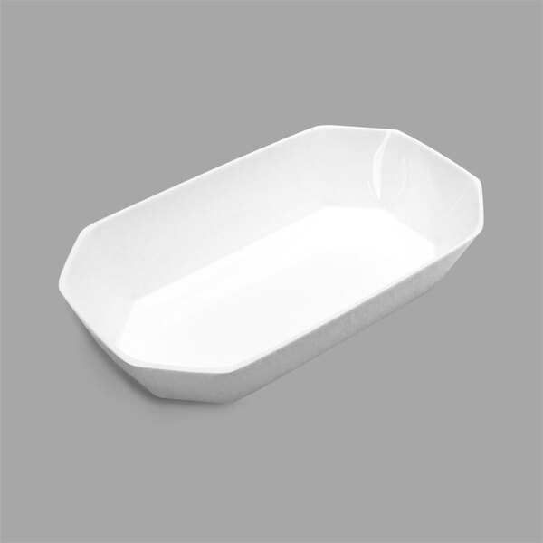 A white rectangular Delfin acrylic bowl with a curved edge.