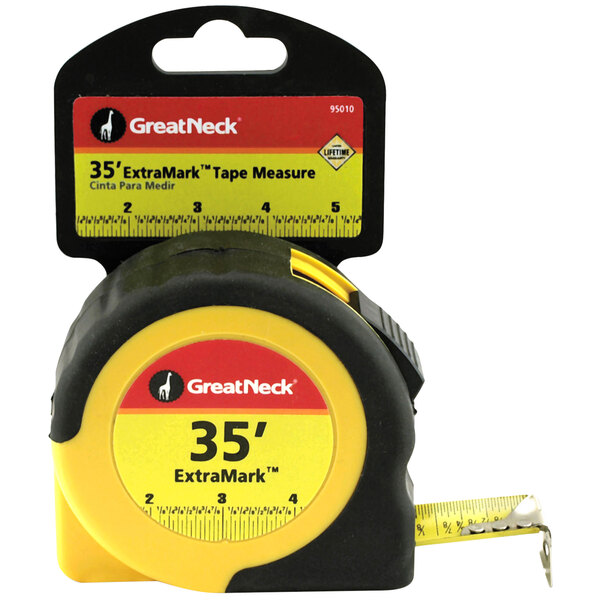 A yellow and black GreatNeck steel tape measure with white extra-thick markings.