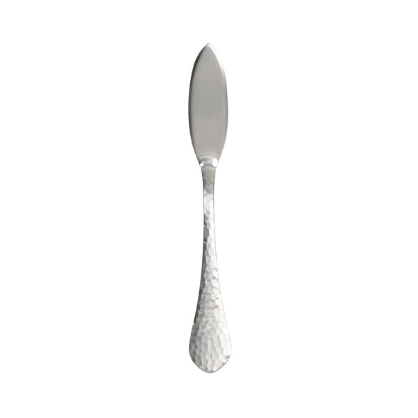 An Arcoroc stainless steel butter spreader with a black handle.