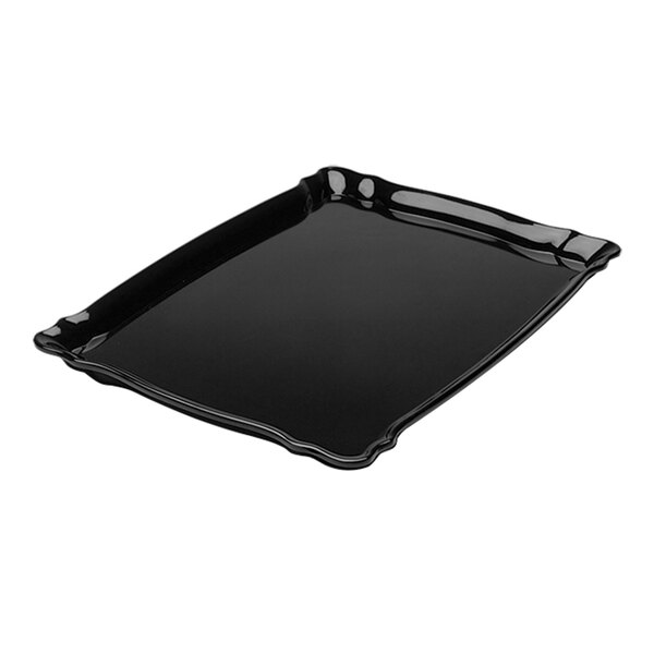 A black rectangular Delfin melamine tray with a scalloped edge.