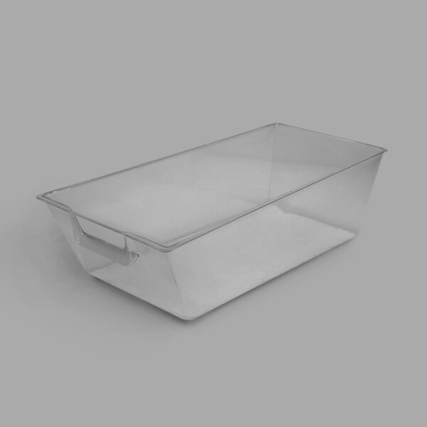 A clear plastic rectangular bulk bin with a handle.