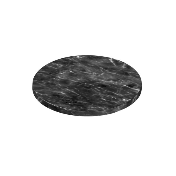 A Delfin round melamine serving board with a black marbled surface.