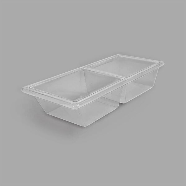 A clear plastic container with two compartments.