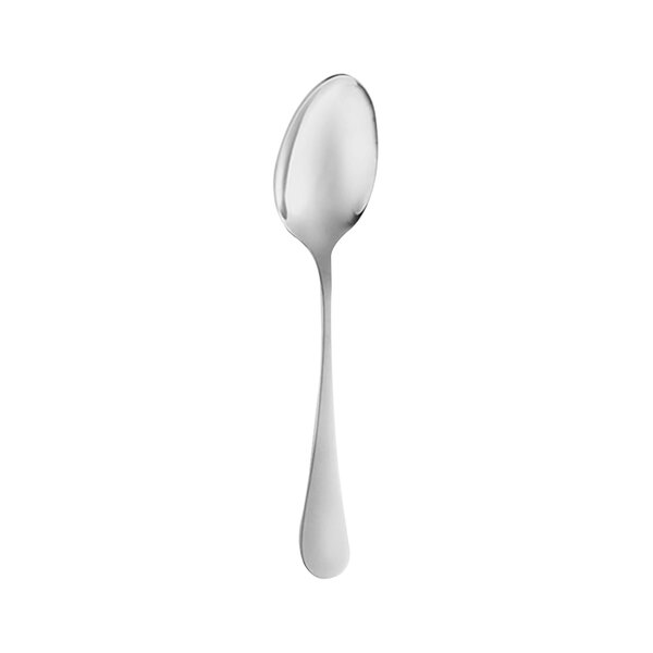 An Arcoroc stainless steel dessert spoon with a silver handle on a white background.