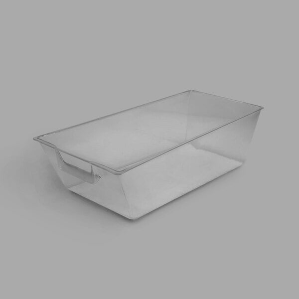 A Delfin clear plastic rectangular bulk bin on a counter.