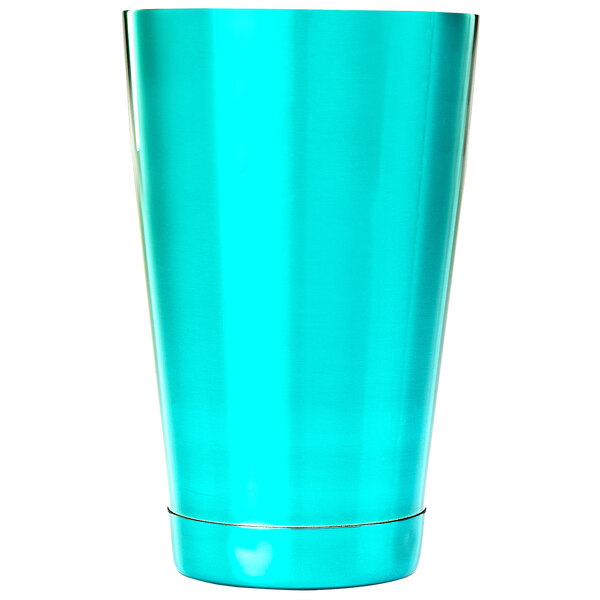 A teal Barfly half size cocktail shaker tin.