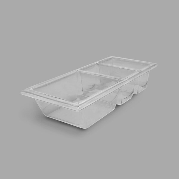 A close up of a Delfin clear plastic rectangular food bin insert with three compartments.