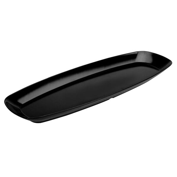 A black oval melamine platter with handles.