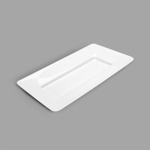 A white rectangular Delfin melamine tray with a rectangular edge and handles.