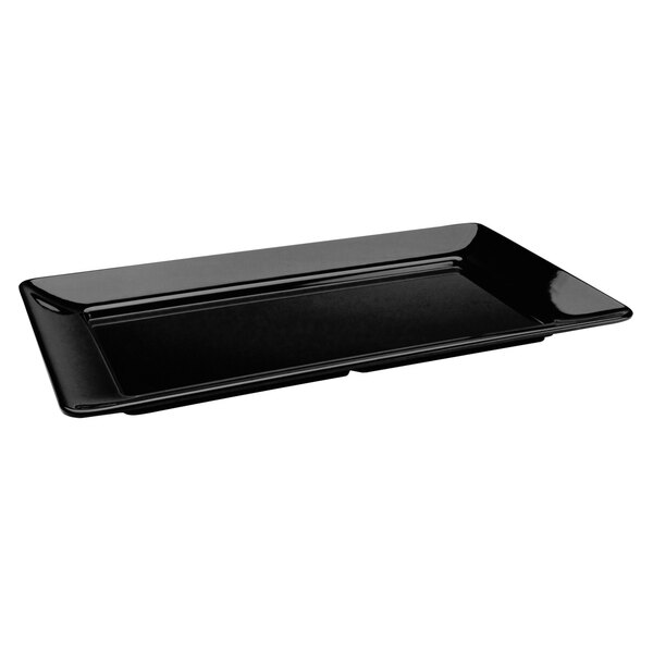 A black rectangular Delfin Pacific Rim melamine tray with black handles.