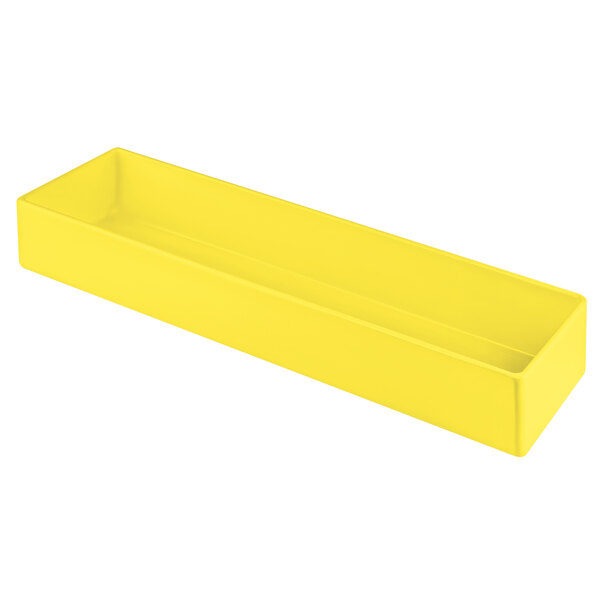 A Tablecraft yellow cast aluminum rectangular bowl.