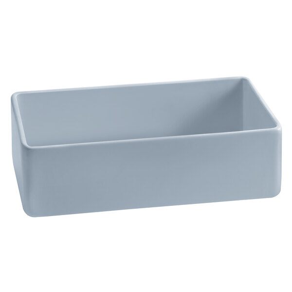 A white rectangular Tablecraft bowl with a gray interior.