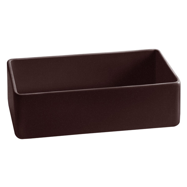 A brown rectangular Tablecraft bowl with a white speckled interior.