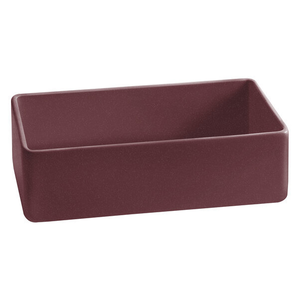 A maroon rectangular cast aluminum bowl with speckles.