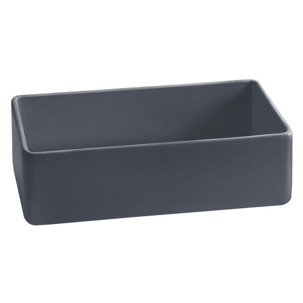 A Tablecraft rectangular cast aluminum bowl with a blue speckled interior.