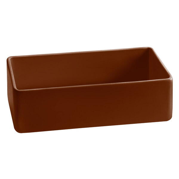 A brown rectangular bowl with straight sides.