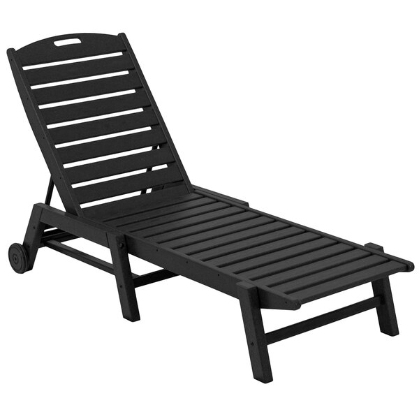 A black POLYWOOD Nautical chaise lounge chair with wheels.