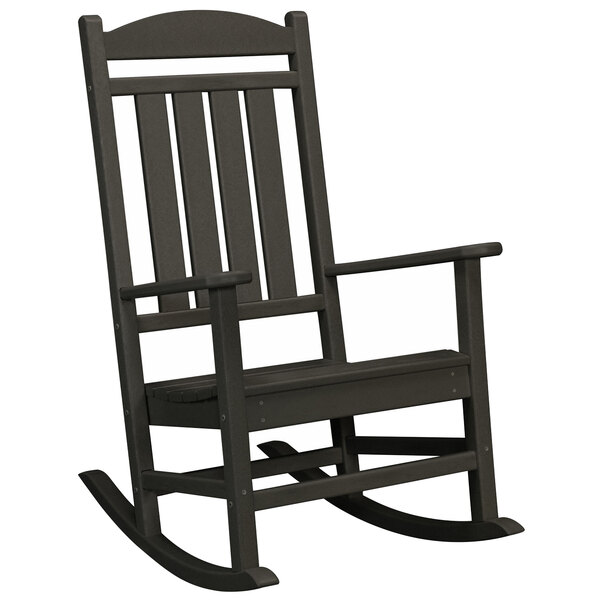 A black POLYWOOD Presidential rocking chair.