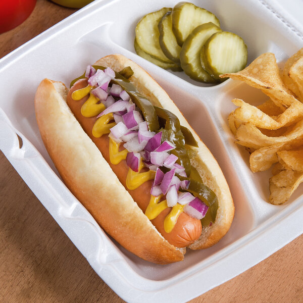 A hot dog with mustard and B&G San Del sweet pickled peppers on top.