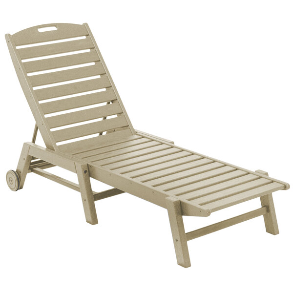 A tan POLYWOOD Nautical chaise lounge chair with a wooden frame on wheels.