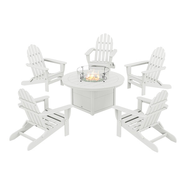 POLYWOOD PWS414-1-WH White 48" Round Fire Pit Table with 5 Classic Folding Adirondack Chairs