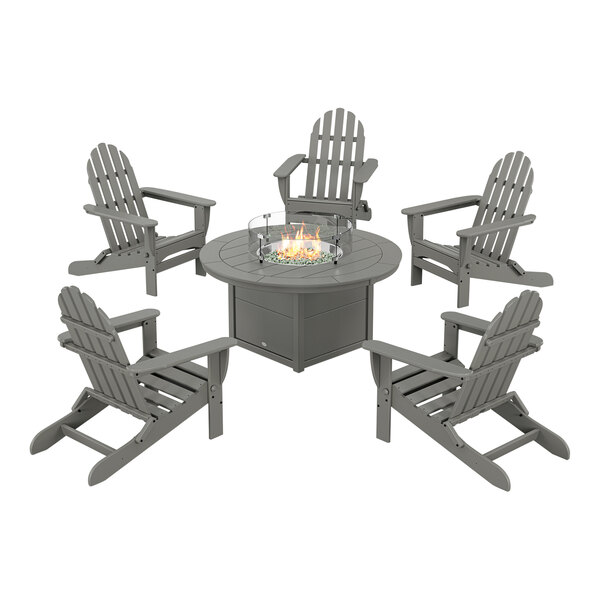 POLYWOOD PWS414-1-GY Slate Grey 48" Round Fire Pit Table with 5 Classic Folding Adirondack Chairs