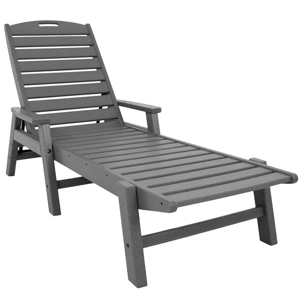 A slate grey POLYWOOD Nautical chaise lounge chair with wooden arms.