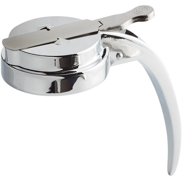 A Vollrath chrome plated syrup server top with a silver metal handle and blade.