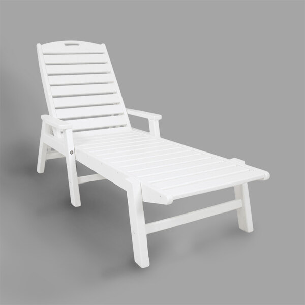 A white POLYWOOD chaise lounge chair with arms.