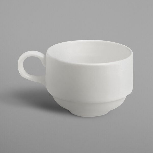 A white RAK Porcelain stackable cup with a handle.