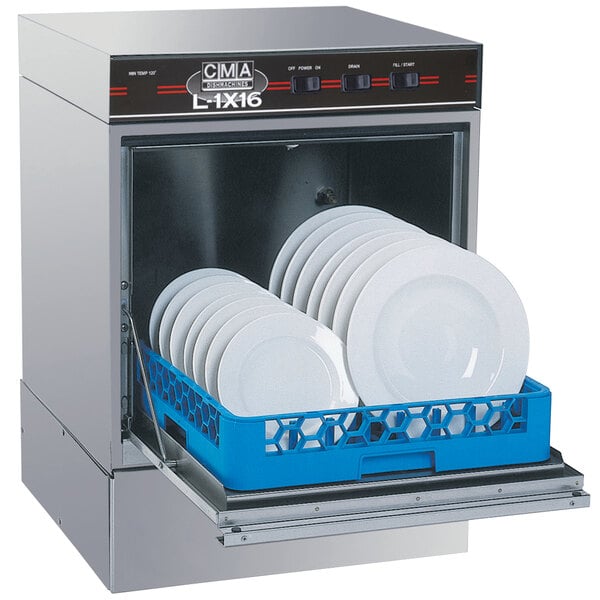 A CMA Dishmachines undercounter dishwasher with a basket full of white plates.