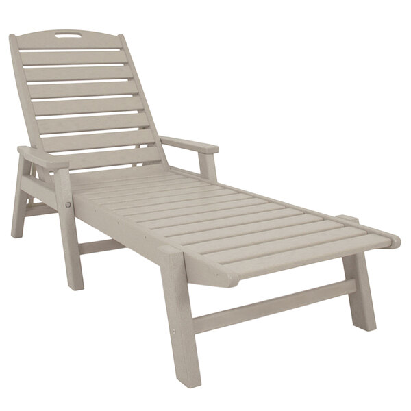 A tan POLYWOOD chaise lounge with white arms and frame.