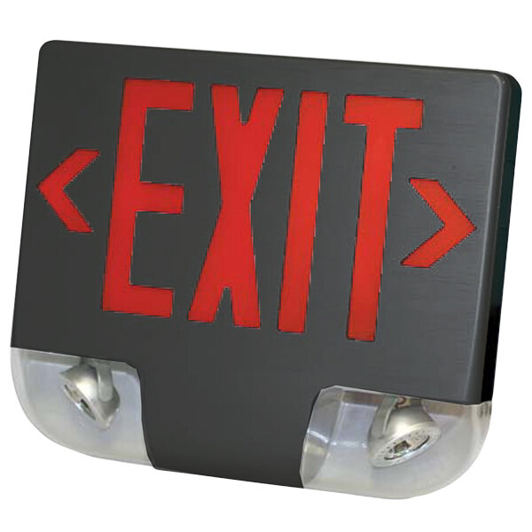A black exit sign with red lettering.