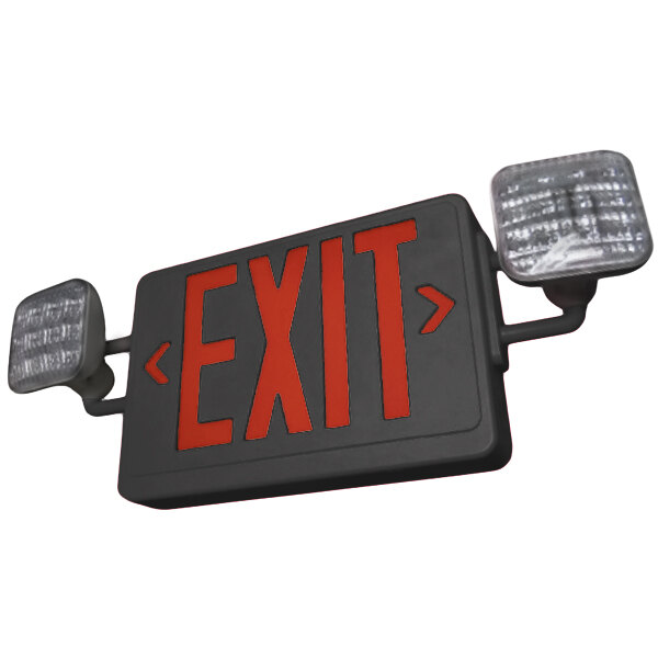 A black square Lavex exit sign with red lettering and lights.