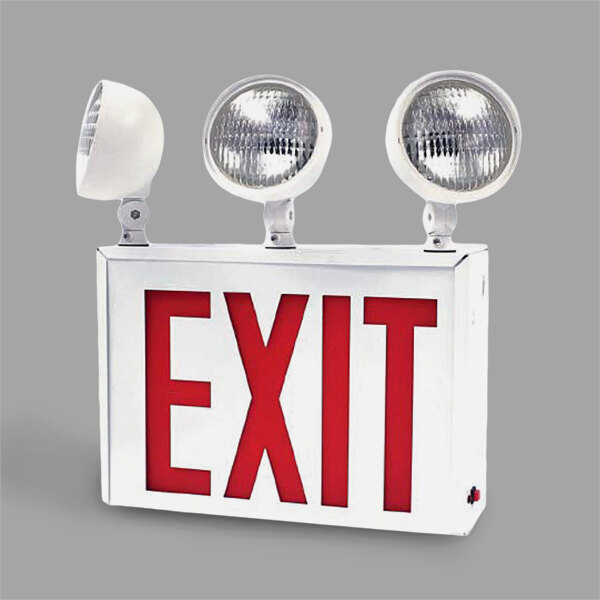 Lavex Industrial New York City Approved Single Face White Exit Sign and 2/3 Head Emergency Light Combination with Red Lettering and Battery Backup
