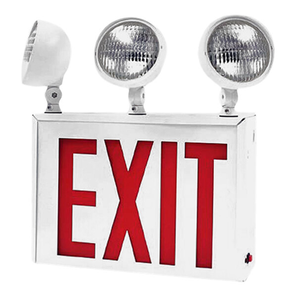 Lavex New York City Approved Single Face White Exit Sign and 2/3 Head Emergency Light Combination with Red Lettering and Battery Backup