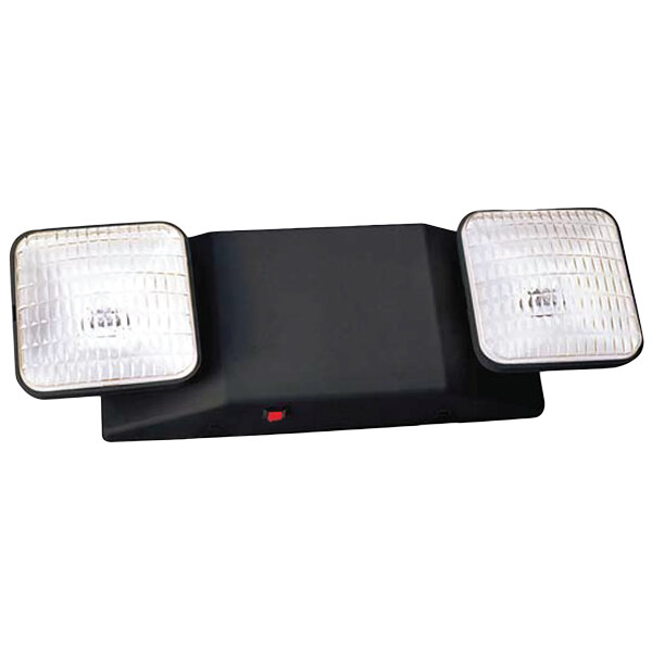 A black rectangular Lavex emergency light with two square lights.