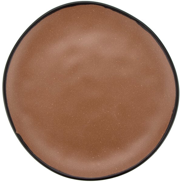 A brown melamine coupe dinner plate with a black rim.