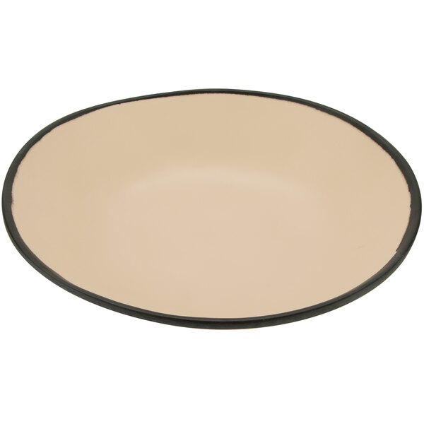A matte beige and black melamine bowl with a circular edge.
