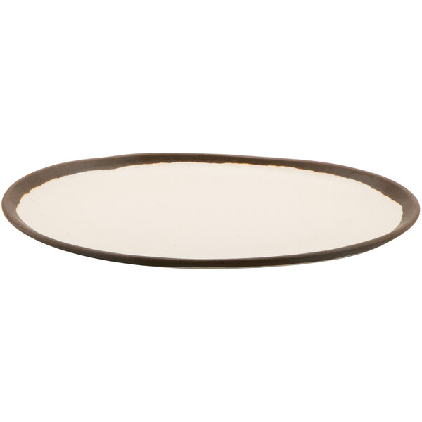 A white GET melamine plate with a brown rim.