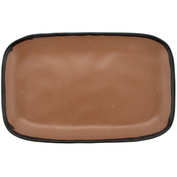 A brown rectangular melamine platter with a black border.