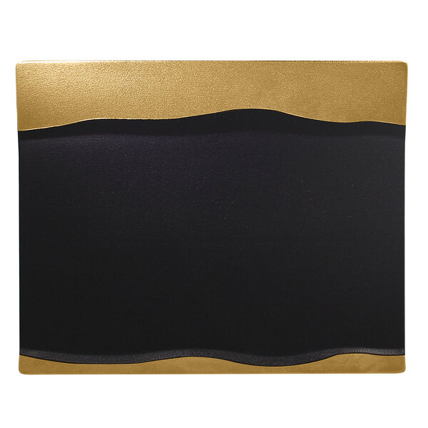 A white rectangular porcelain platter with a black and gold frame.