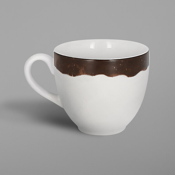 A white porcelain coffee cup with an oak brown rim.